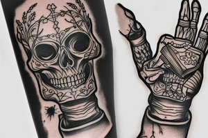 skeleton hand holding a book tattoo idea