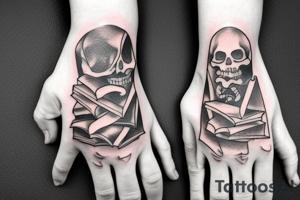 skeleton hand holding a book tattoo idea