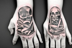skeleton hand holding a book tattoo idea