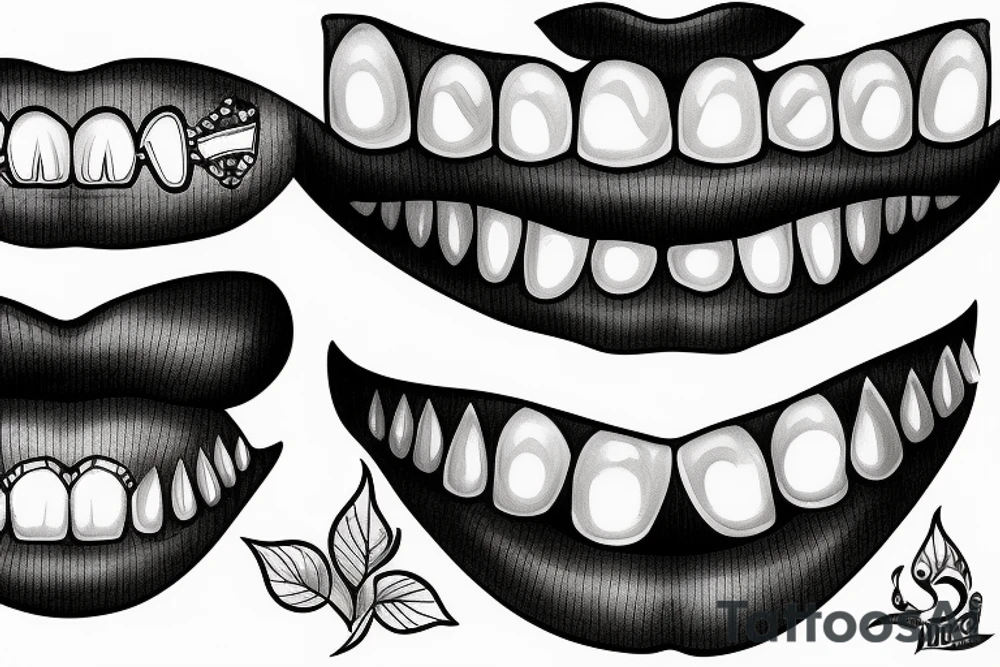 A women’s mouth with diamond fang grills on her teeth tattoo idea