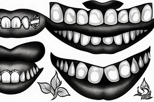 A women’s mouth with diamond fang grills on her teeth tattoo idea