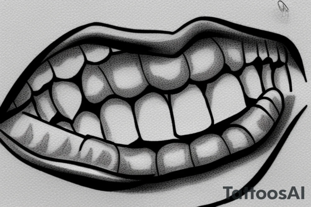 A women’s mouth with diamond fang grills on her teeth tattoo idea