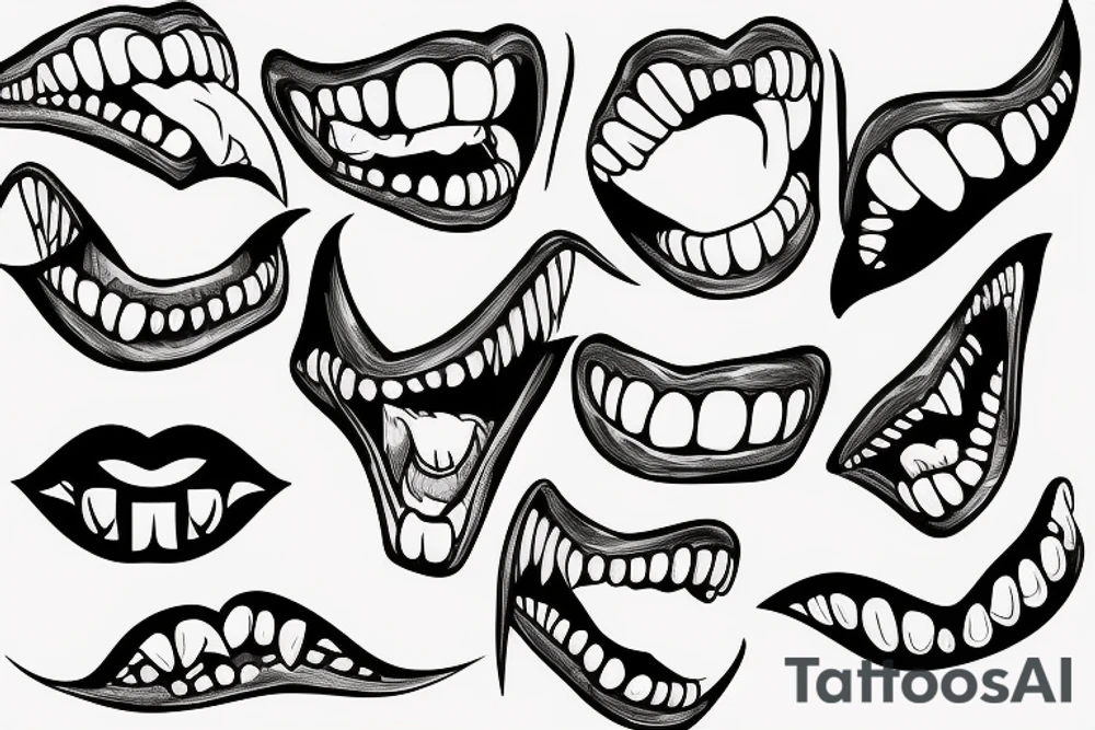 A women’s mouth with fangs and a tounge behind the teeth and tattoo idea