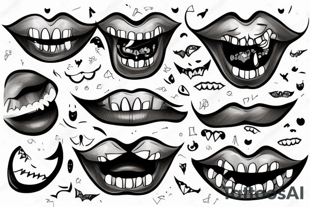 A women’s mouth smiling with fangs as eye teeth and a tounge behind the teeth and tattoo idea