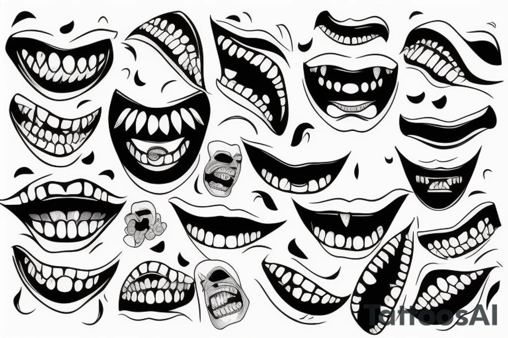 A women’s mouth smiling with fangs as eye teeth and a tounge behind the teeth and tattoo idea
