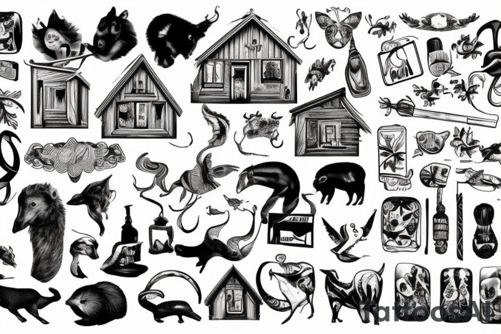 A chalet with a river and animal tattoo idea
