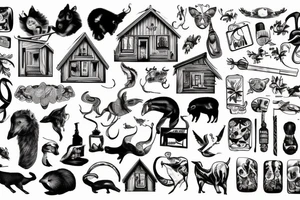 A chalet with a river and animal tattoo idea