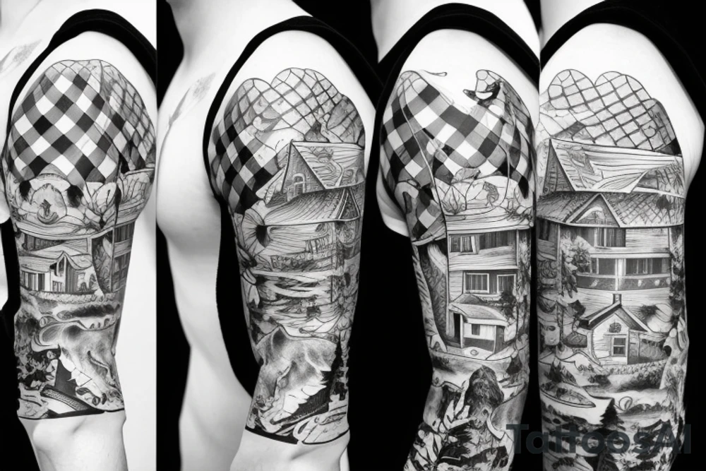 A sleeve with A chalet with a river and animal tattoo idea
