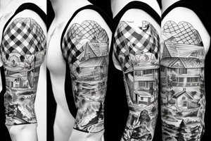 A sleeve with A chalet with a river and animal tattoo idea