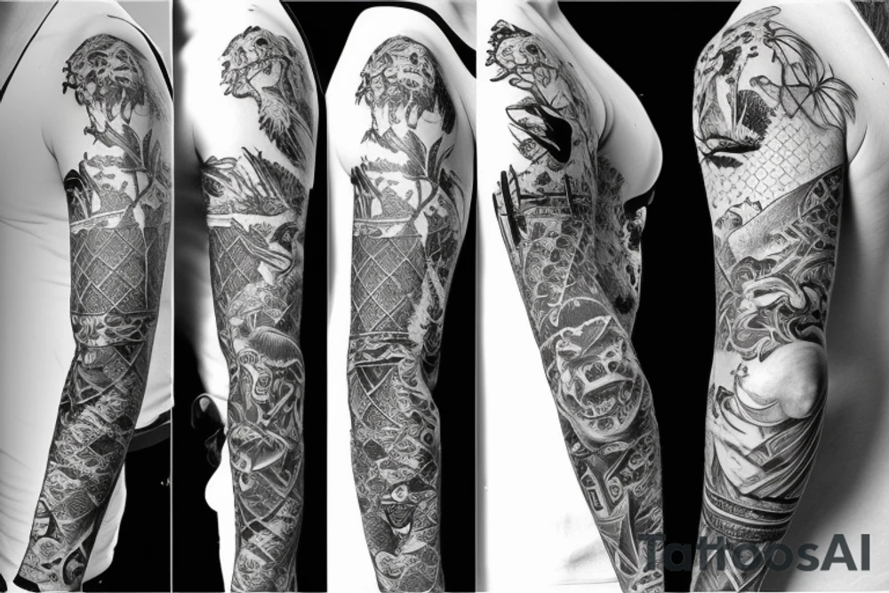 A sleeve with A chalet with a river and animal tattoo idea