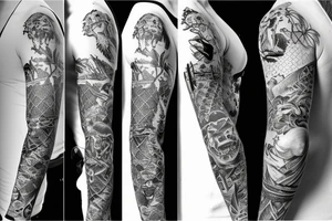 A sleeve with A chalet with a river and animal tattoo idea