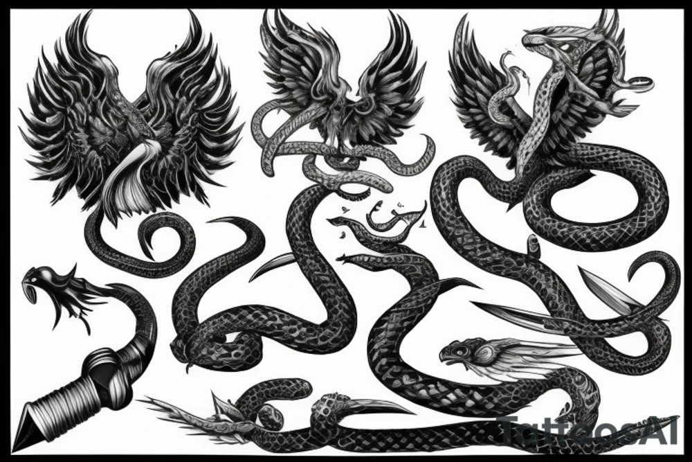 Sword with wings and snakes and a phoenix and an eyeball tattoo idea
