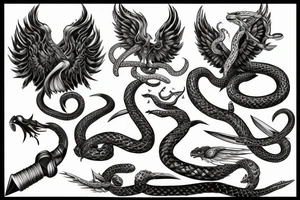 Sword with wings and snakes and a phoenix and an eyeball tattoo idea