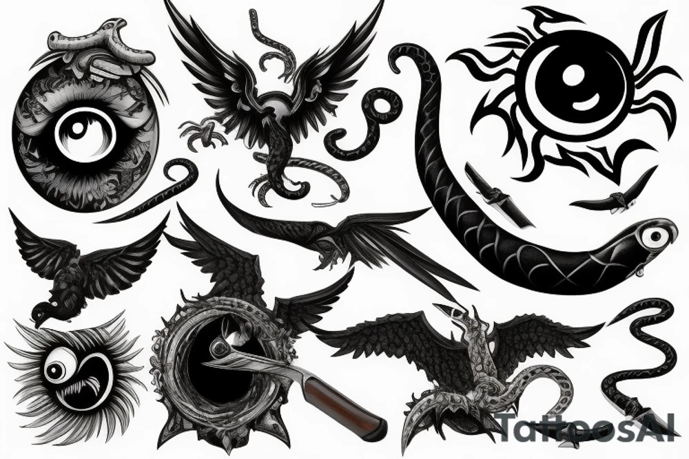 Sword with wings and snakes and a phoenix and an eyeball tattoo idea