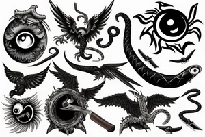 Sword with wings and snakes and a phoenix and an eyeball tattoo idea
