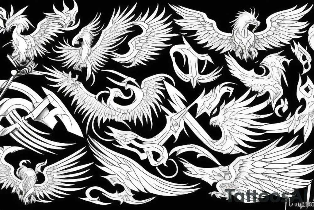 Symmetrical sword and phoenix tattoo idea