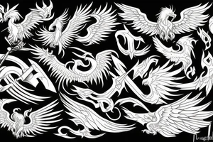 Symmetrical sword and phoenix tattoo idea