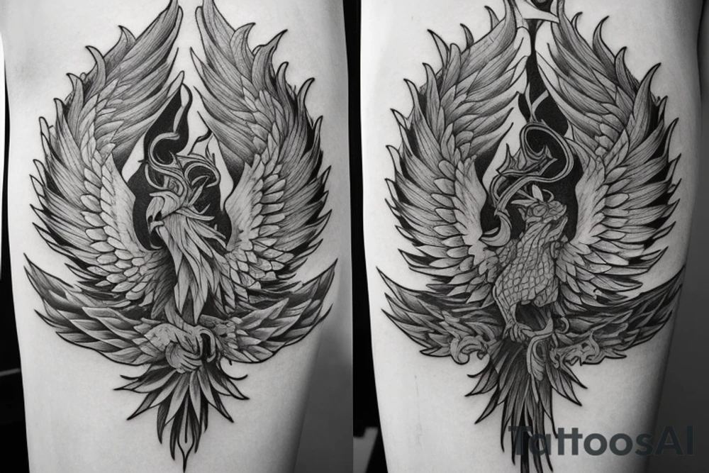Symmetrical sword and phoenix tattoo idea