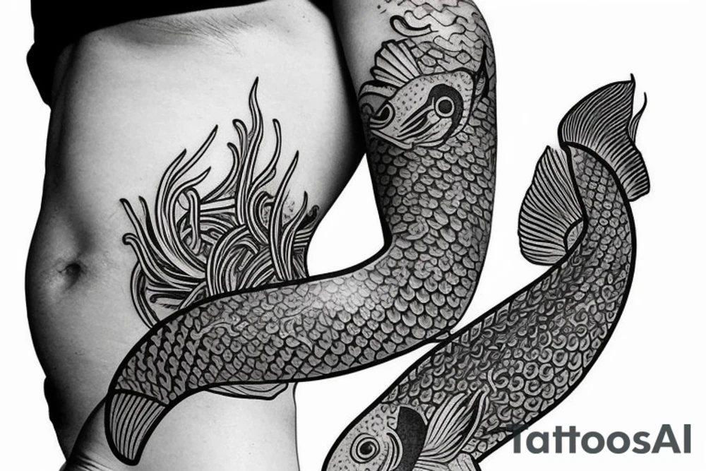 Aquatic tattoo sleeve that blends in with traditional Japanese koi fish tattoo. tattoo idea
