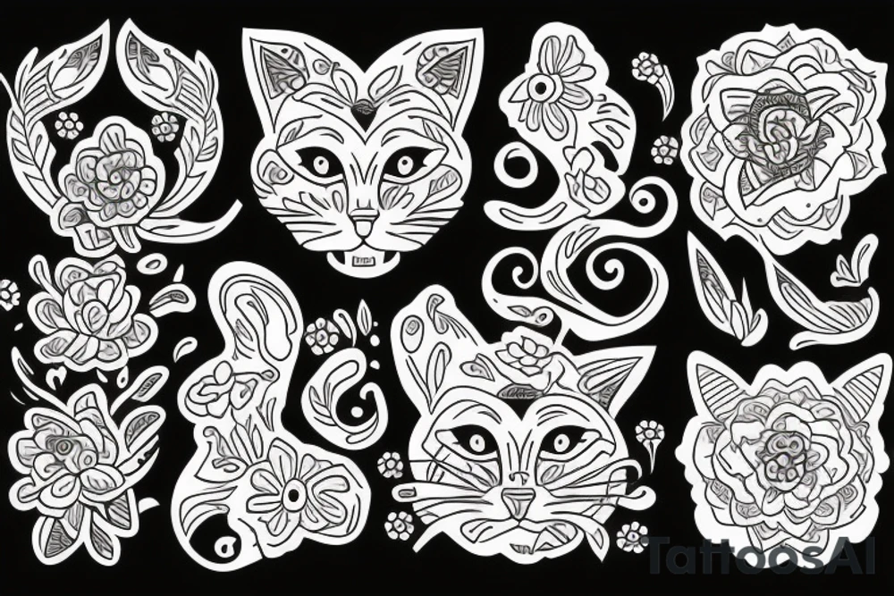 Cat. Flowers. Ornamental tattoo idea
