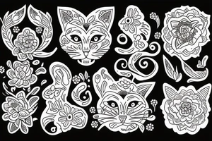 Cat. Flowers. Ornamental tattoo idea