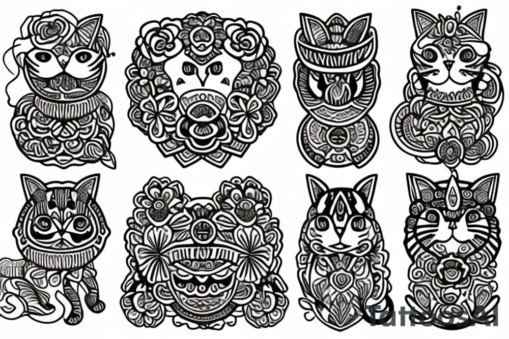 Cat. Flowers. Ornamental tattoo idea