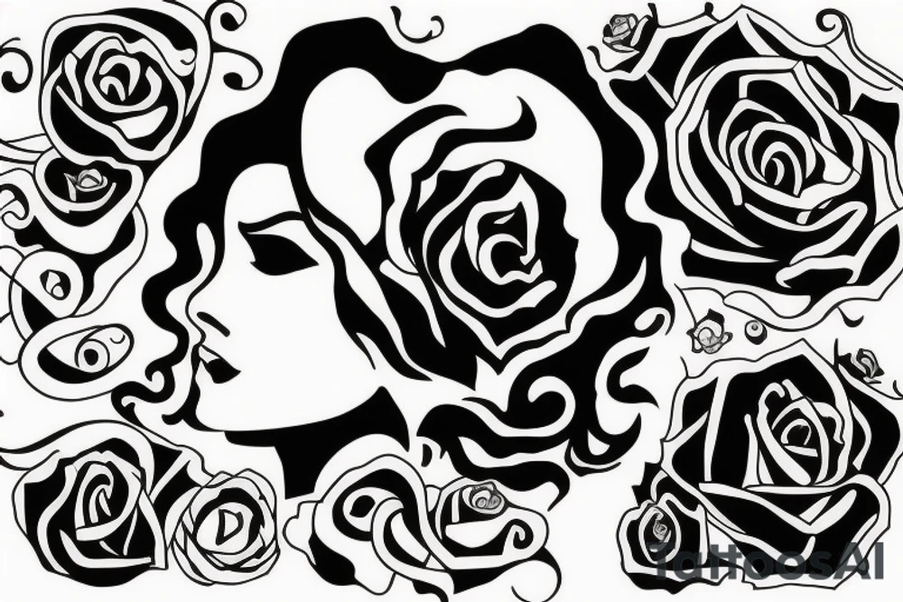 curly hair female sillouette with a rose, gemstone and pixie surrounding her tattoo idea