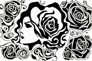 curly hair female sillouette with a rose, gemstone and pixie surrounding her tattoo idea