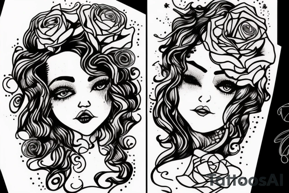 curly hair female sillouette with a rose, gemstone and pixie surrounding her tattoo idea