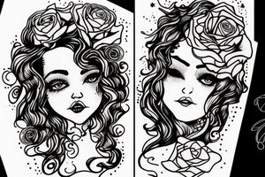 curly hair female sillouette with a rose, gemstone and pixie surrounding her tattoo idea