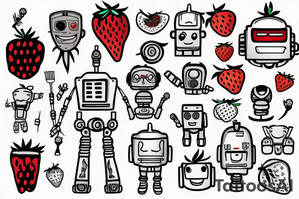 The Robot With Human Hair stabbing a strawberry tattoo idea
