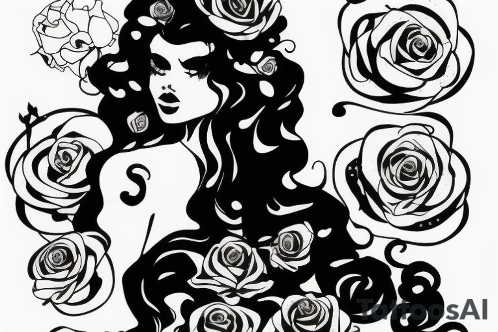 full body curly hair female sillouette with a rose, gemstone and pixie surrounding her tattoo idea