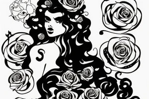 full body curly hair female sillouette with a rose, gemstone and pixie surrounding her tattoo idea