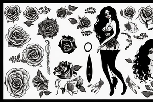 full body curly hair female sillouette with a rose, gemstone and pixie surrounding her tattoo idea