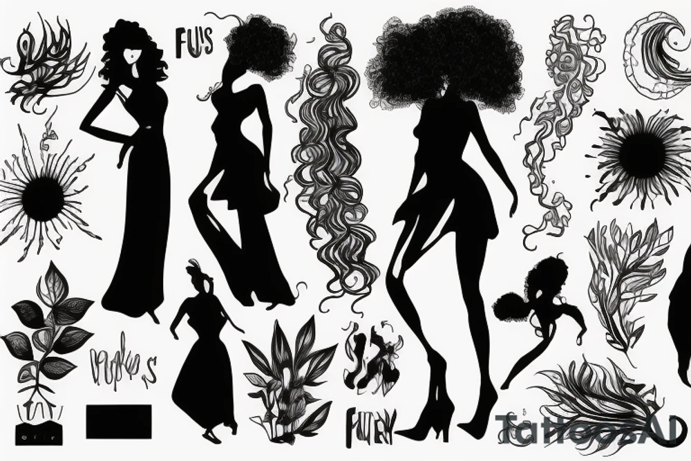 full body natural curly hair female sillouette tattoo idea