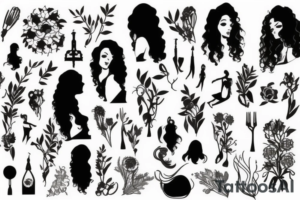 full body natural curly hair female sillouette tattoo idea