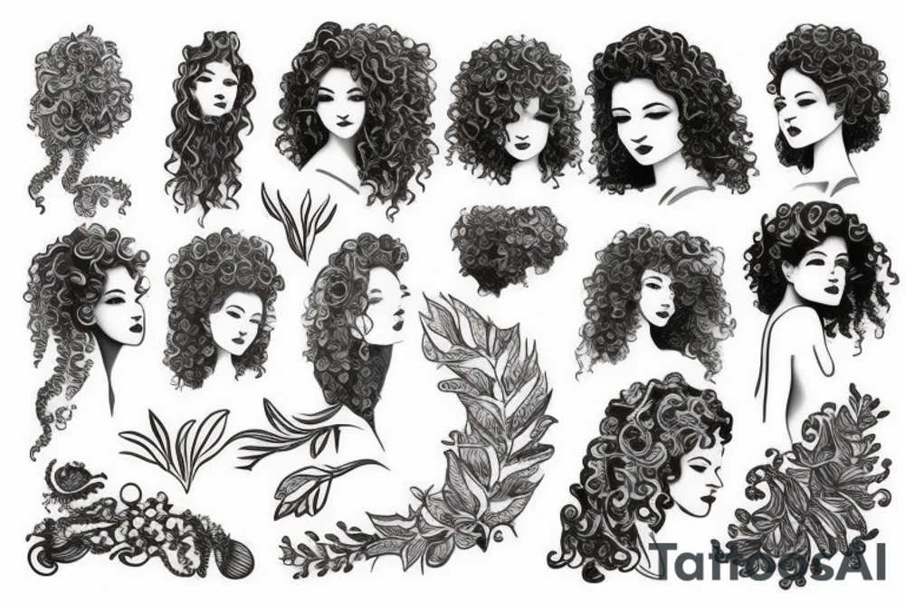 full body natural curly hair female sillouette tattoo idea