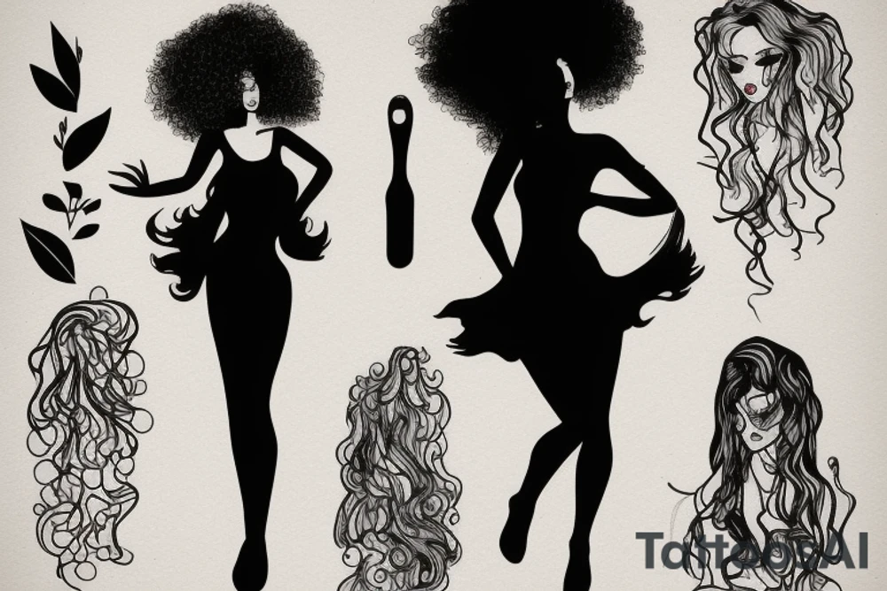 full body natural curly hair female sillouette tattoo idea