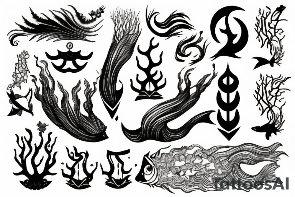 Pisces fish with tree roots tail, tree crown as hair and Poseidon weapon tattoo idea