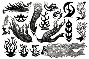 Pisces fish with tree roots tail, tree crown as hair and Poseidon weapon tattoo idea