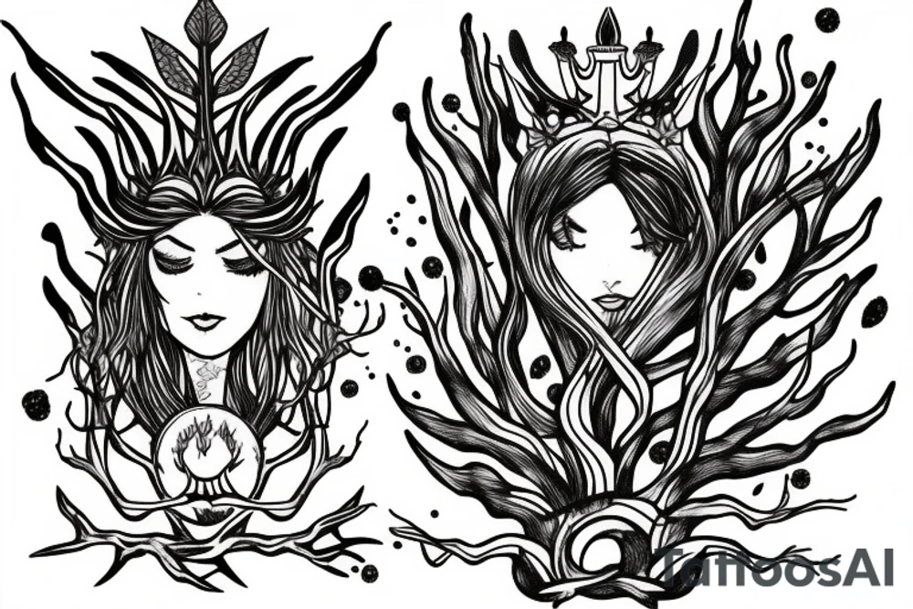 Pisces fish with tree roots tail, tree crown as hair and Poseidon weapon tattoo idea