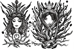 Pisces fish with tree roots tail, tree crown as hair and Poseidon weapon tattoo idea
