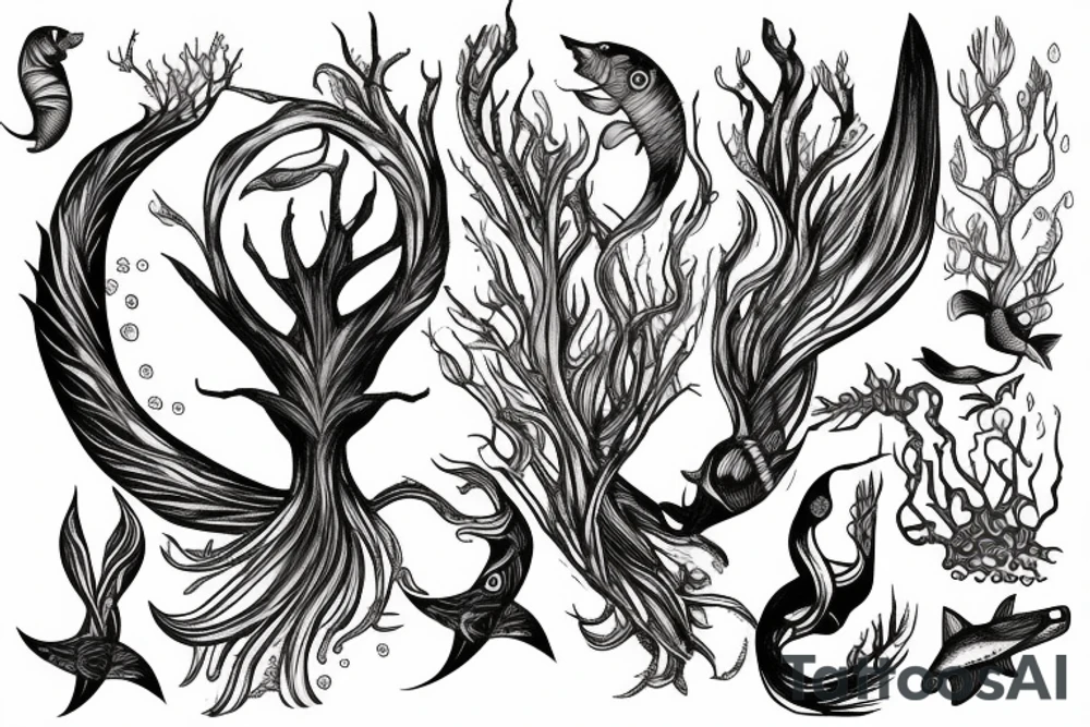Pisces fish with tree roots tail, tree crown as hair and Poseidon weapon tattoo idea