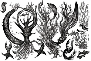 Pisces fish with tree roots tail, tree crown as hair and Poseidon weapon tattoo idea