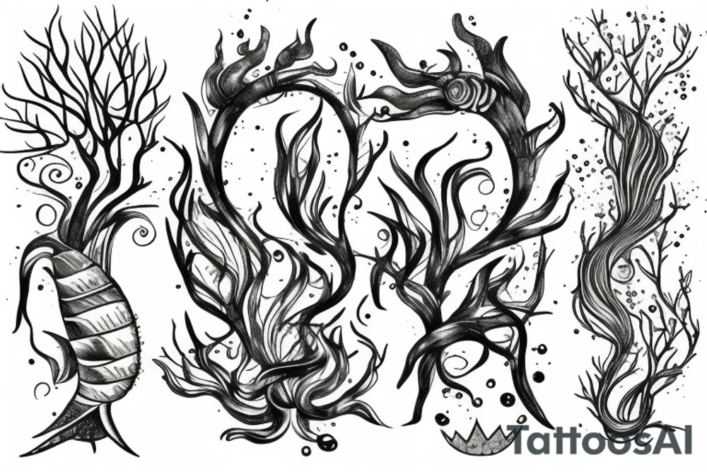 Pisces fish with tree roots tail, tree crown as hair and Poseidon weapon tattoo idea