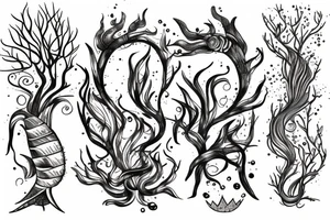 Pisces fish with tree roots tail, tree crown as hair and Poseidon weapon tattoo idea