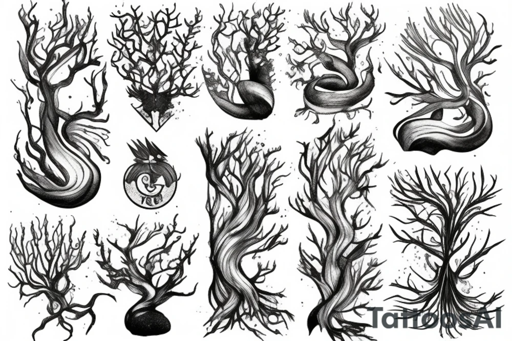Pisces, tree roots tail, tree crown as hair and Poseidon tattoo idea
