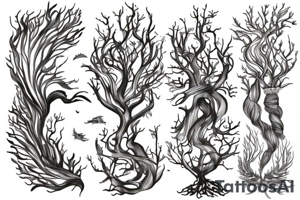 Pisces, tree roots tail, tree crown as hair and Poseidon tattoo idea