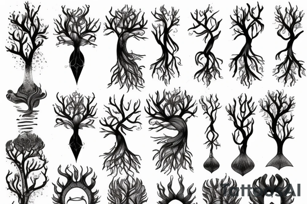 Pisces, tree roots tail, tree crown as hair and Poseidon tattoo idea