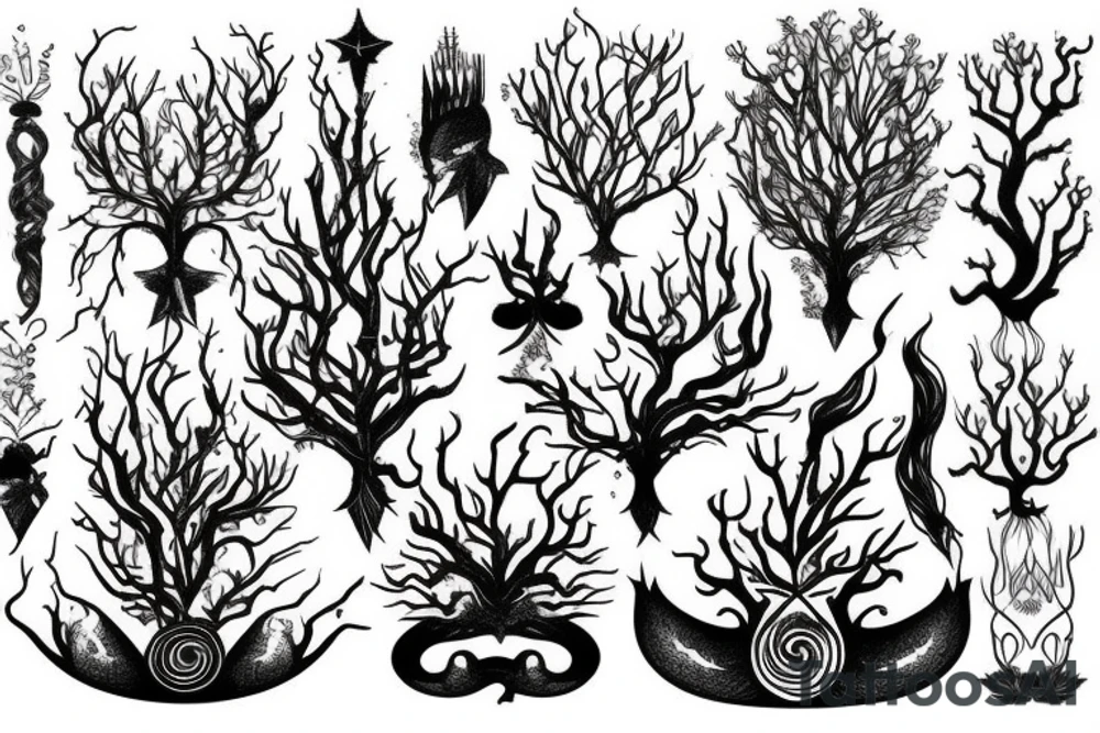 Pisces, tree roots tail, tree crown as hair and Poseidon tattoo idea